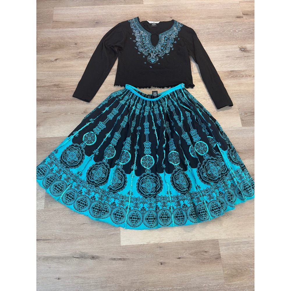 Rare Vintage Gordon James Aztec 2 Piece Set Black Teal Sequin Boho 100% Cotton